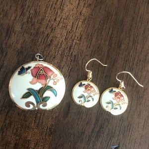 Cloisonne/Cloissone Pendant & Earrings Set Vint.
